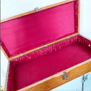 Vintage Wood Box Hinged Lid Latch Red Satin Lining Storage Silverware Religious